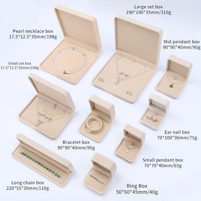 Grosir manufaktur Hign End Perhiasan Kotak kemasan Logo Custom Disesuaikan Kalung Mewah Gelang Earring Cincin Kemasan Velvet Beige Perhiasan Kotak