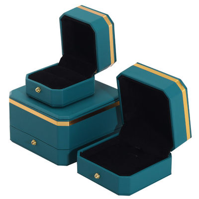 Dark Green Upscale Octagonal False Leather Luxury Box Gold Trim Perhiasan Kemasan