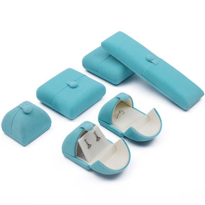 Cyan Soft Sleek Velvet Perhiasan Packaging Box Clamshell Bentuk Perhiasan Box Hadiah