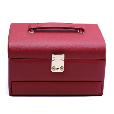 Red Portable Large Capacity PU Leather Jewelry Organizer dengan Cermin untuk Perjalanan