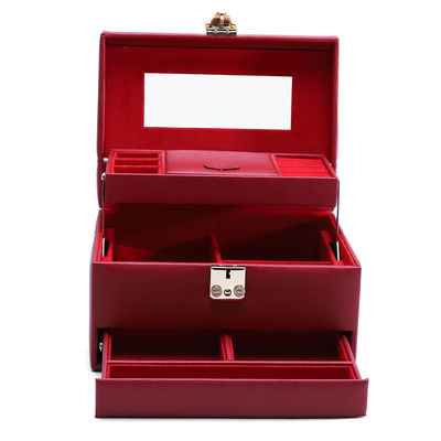 Red Portable Large Capacity PU Leather Jewelry Organizer dengan Cermin untuk Perjalanan