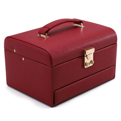 Red Portable Large Capacity PU Leather Jewelry Organizer dengan Cermin untuk Perjalanan