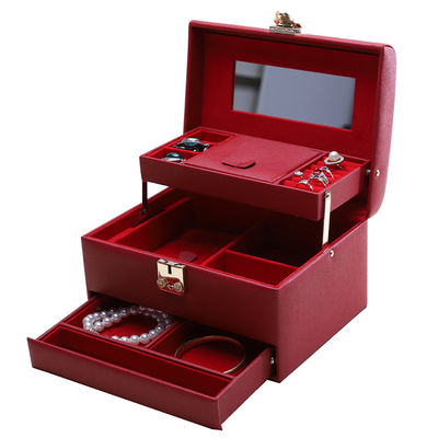 Red Portable Large Capacity PU Leather Jewelry Organizer dengan Cermin untuk Perjalanan