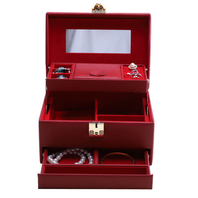 Red Portable Large Capacity PU Leather Jewelry Organizer dengan Cermin untuk Perjalanan