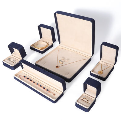 Grosir Manufaktur China Kotak Kemasan Perhiasan Biru Premium Kustom Kotak Perhiasan Besar Kelas Atas Set Kalung Gelang Anting Cincin Kemasan Kotak Perhiasan Beludru Persegi Biru Buatan Tangan Dengan Logo