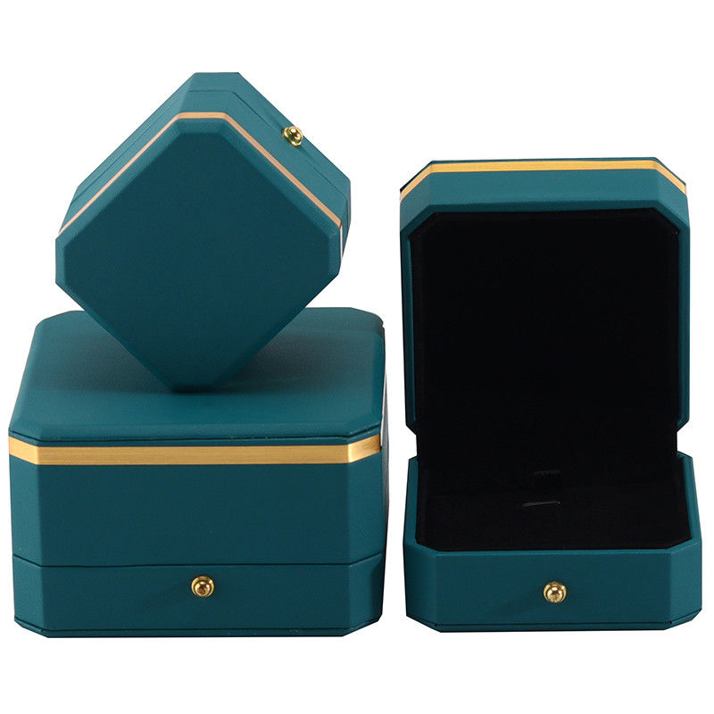Dark Green Upscale Octagonal False Leather Luxury Box Gold Trim Perhiasan Kemasan