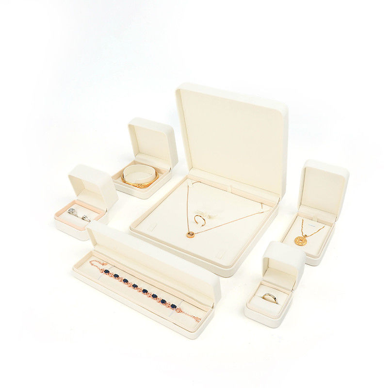 Handmade Square Putih Kulit Perhiasan Packaging Box Custom Mewah Perhiasan Besar Set Box Untuk Kalung Gelang Earrings Ring Packaging