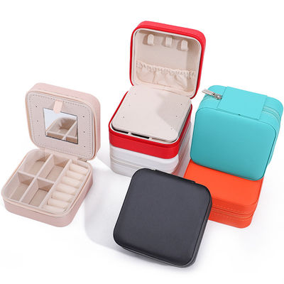 Custom Logo Travel Portable Square Storage Kotak Perhiasan dengan Cermin PU Kulit