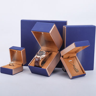 19x19x4cm Blue Velvet PU Kulit Perhiasan Kotak Hadiah dengan Lampu LED dan Lining Velvet