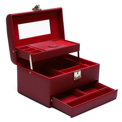 Red Portable Large Capacity PU Leather Jewelry Organizer dengan Cermin untuk Perjalanan
